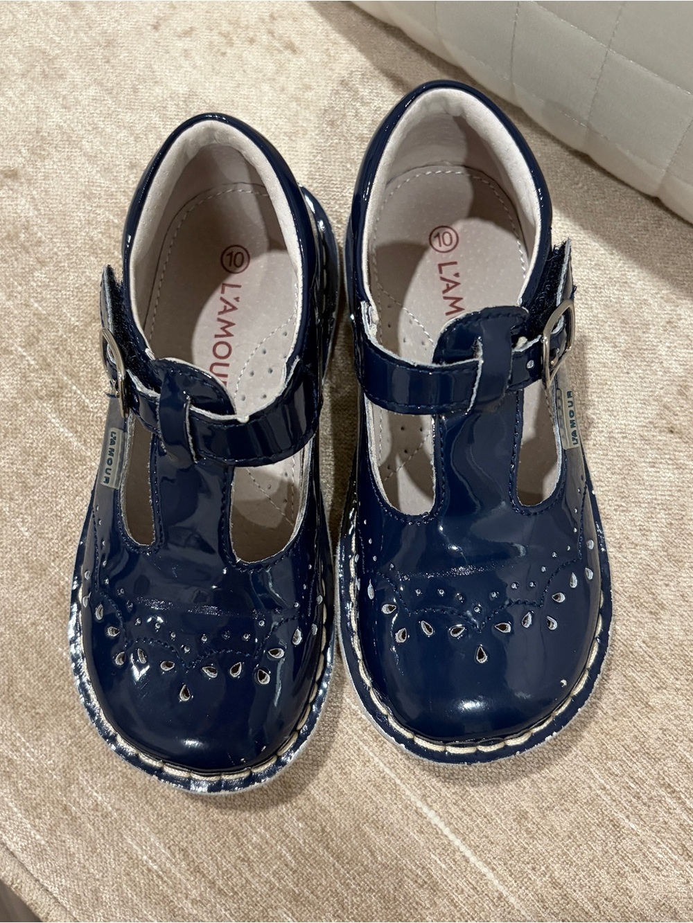 L'Amour Girls Navy Patent T-Strap Mary Janes